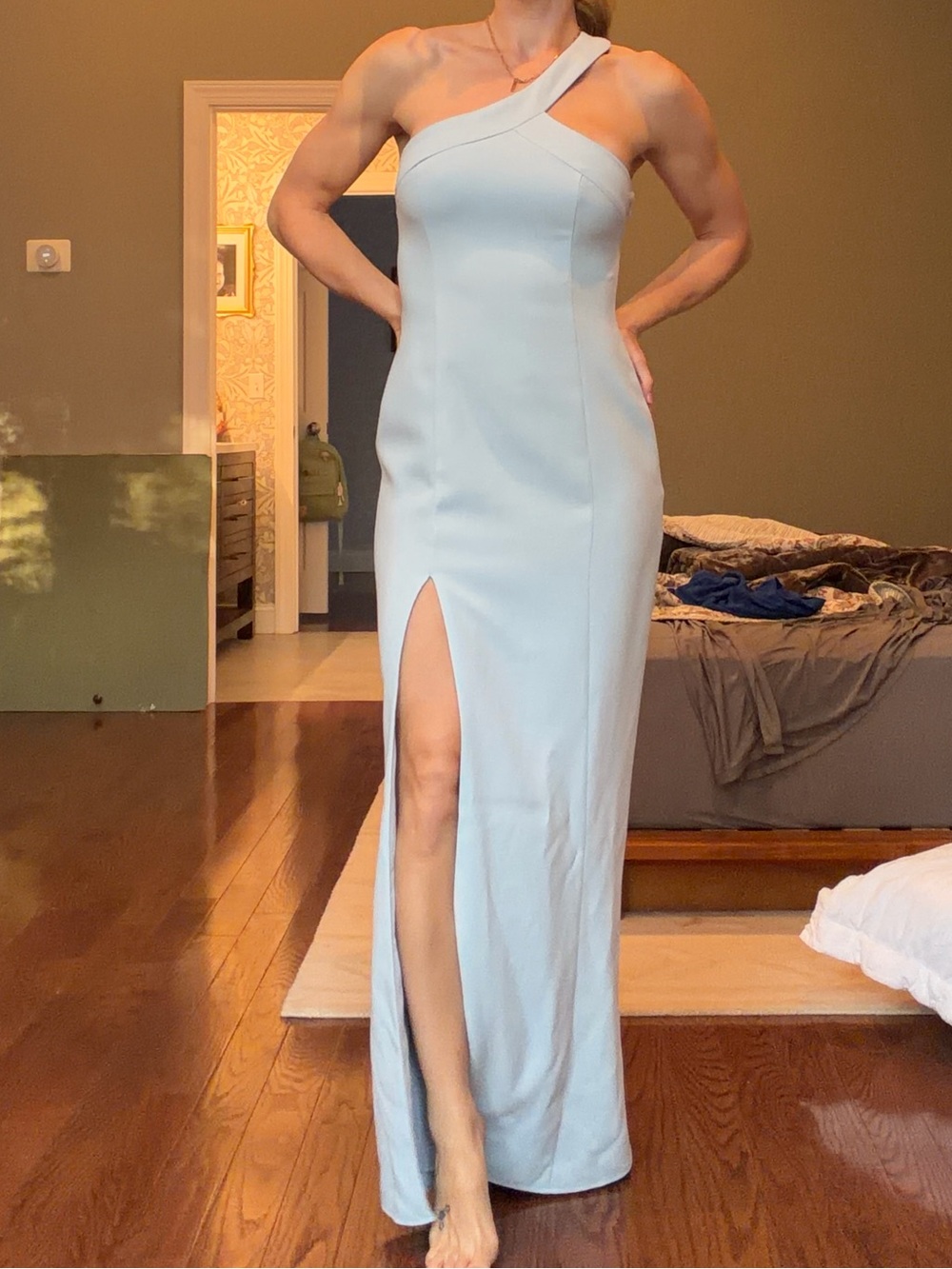 NBD One-Shoulder Pale Blue Evening Gown with High Slit